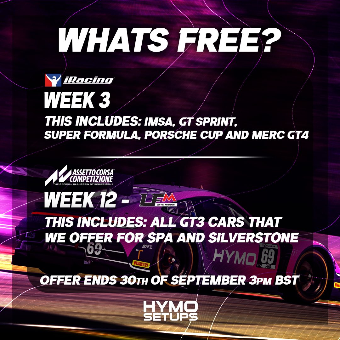 HymoSetups's tweet image. 2 YEARS ANNIVERSARY. 

To celebrate we are giving away free setups for iRacing and Assetto Corsa Competizone.

We can’t wait for many more years 💜

Link to free setups: app.tracktitan.io/setups