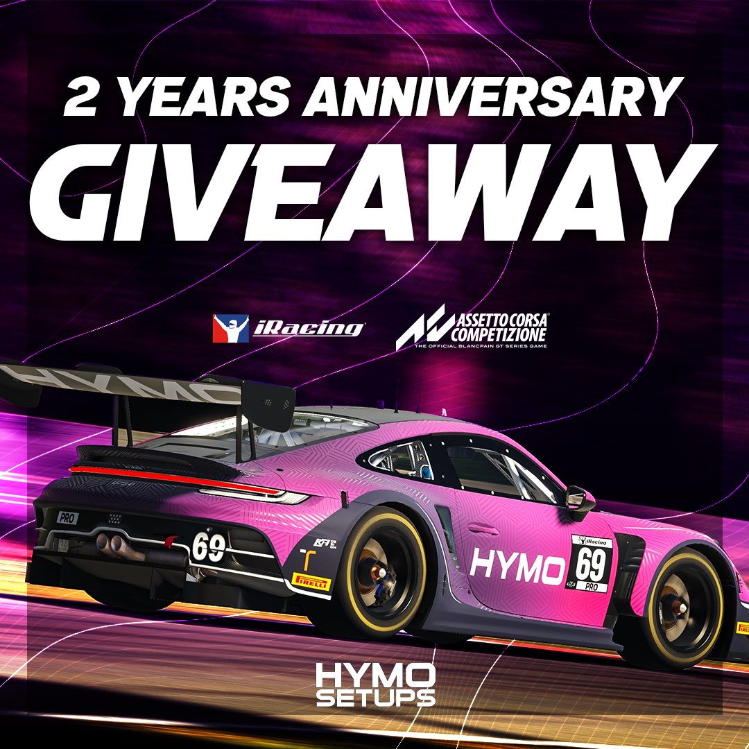 HymoSetups's tweet image. 2 YEARS ANNIVERSARY. 

To celebrate we are giving away free setups for iRacing and Assetto Corsa Competizone.

We can’t wait for many more years 💜

Link to free setups: app.tracktitan.io/setups