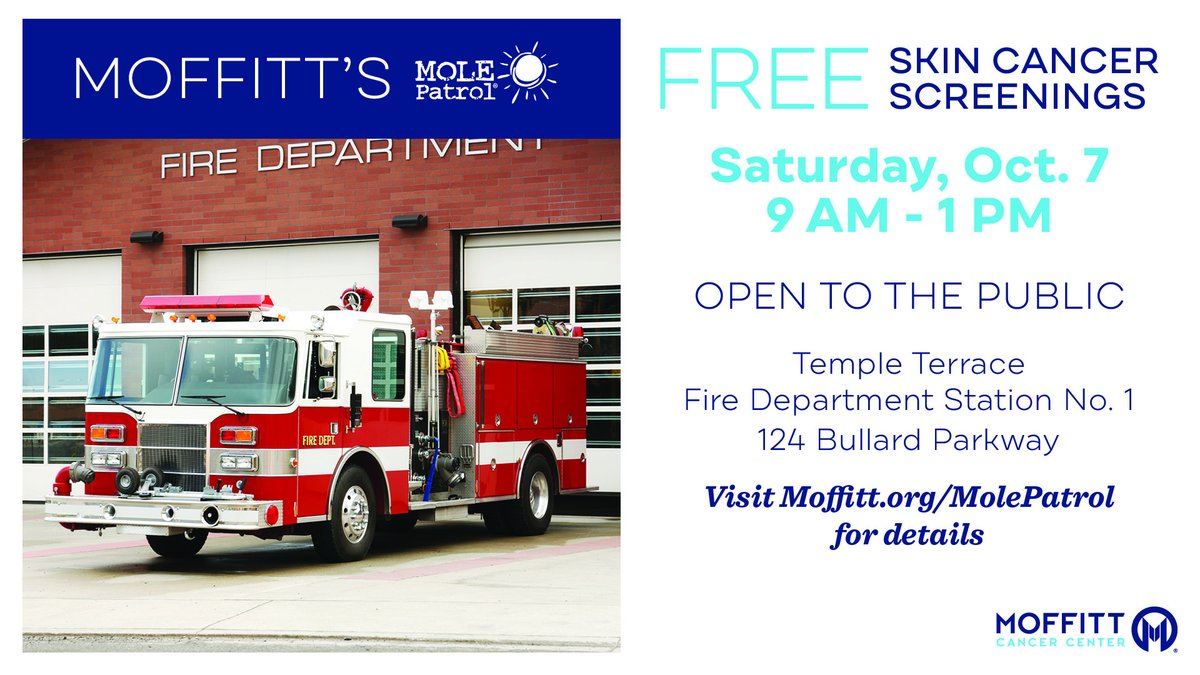 MoffittNews's tweet photo. Protect your skin and join Moffitt's Mole Patrol for FREE skin cancer screenings at the Temple Terrace Fire Rescue Station No. 1. ☀️ Don't miss out on this opportunity! #SkinCancerScreening https://t.co/DeiQm9QEz9