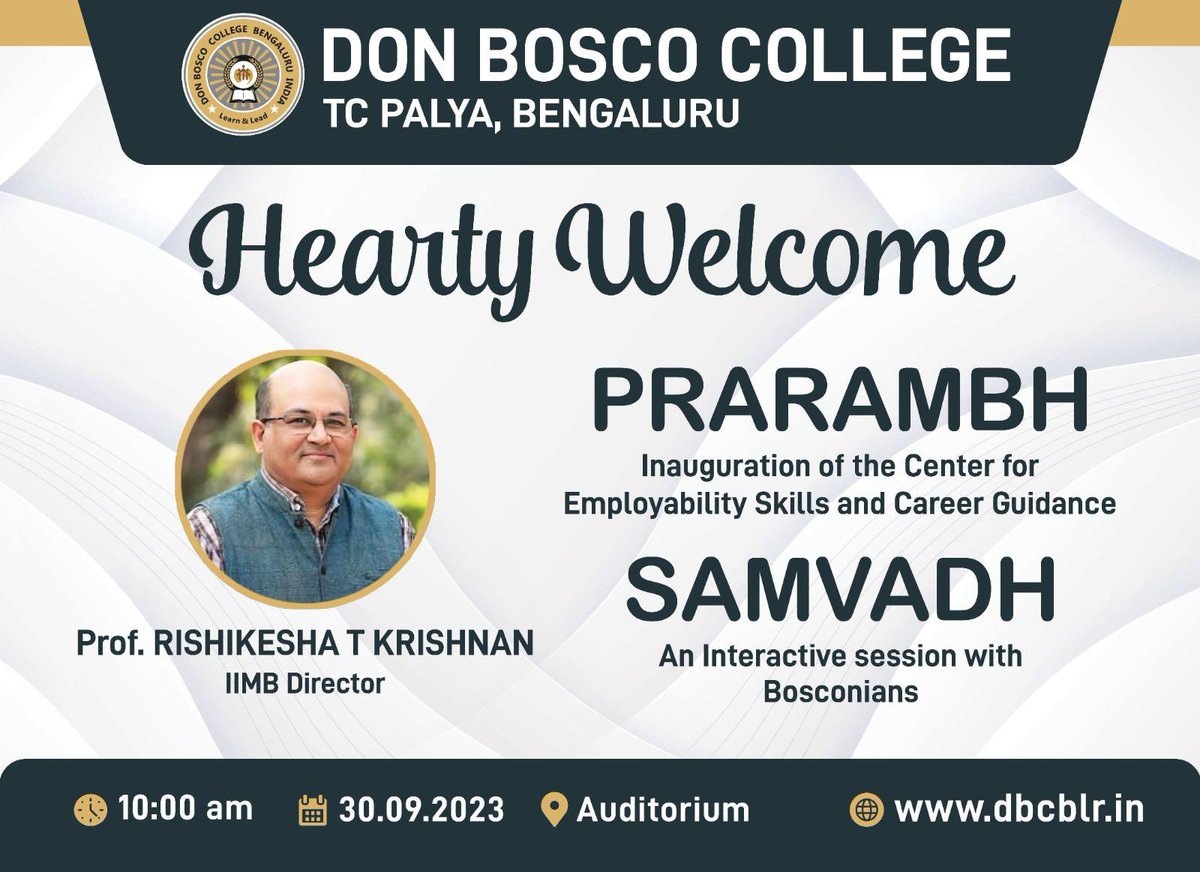 DBCblr's tweet photo. 🌟 Prof. Rishikesha T. Krishnan, Director of IIMB, is a beacon of leadership in management education. We're excited to welcome him to Don Bosco College for a day of inspiring discussions and collaboration 🤝
#IIMB #AcademicExcellence #Innovation #Collaboration #dbcblr https://t.co/3qsZ1n3x1g