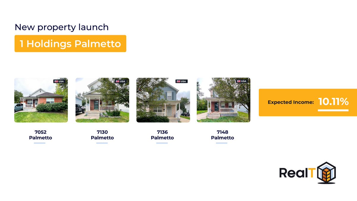 RealTPlatform's tweet image. Gear up for a Detroit real estate highlight! 1 Holdings Palmetto, a collection of 4 properties, is launching on our marketplace this Saturday, September 30, at 2 PM UTC. Don't miss this consolidated offering!

realt.co/marketplace/

#RealT #DetroitGem #PropertyLaunch