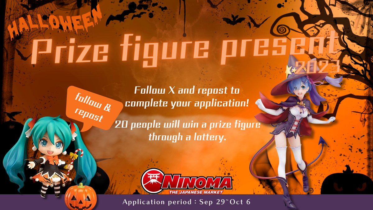Ninoma_EN's tweet photo. 🌟Halloween GiveawayVol. 1👻

We're giving away figures to 20 lucky winners!

HOW TO ENTER! 🚀
🤍 RT AND Like this post ❤️
🤍 Follow Us @Ninoma_EN 🌟

Please note that the winning item will be assigned at random and cannot be chosen.🎁

More details in thread

Good luck!🌟 https://t.co/8Wv78O7Uhr