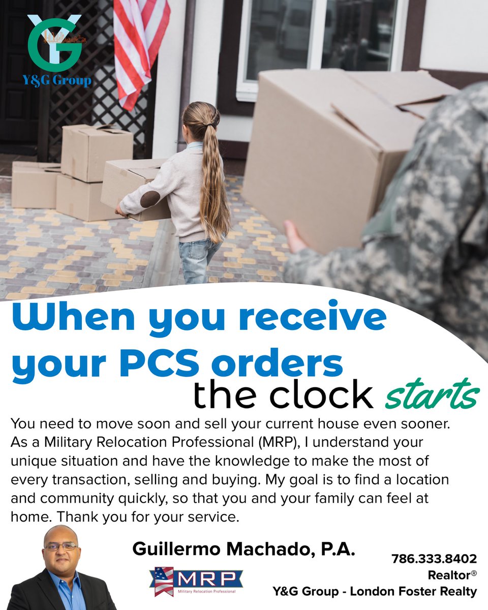 YandGGroup's tweet image. When you receive your #pcsorders the clock starts! Contact me today to help along the way to #sell and #buy #yourhome 
#thankyou for your #service and now is my turn to serve you!
#mrp #military #militarymove