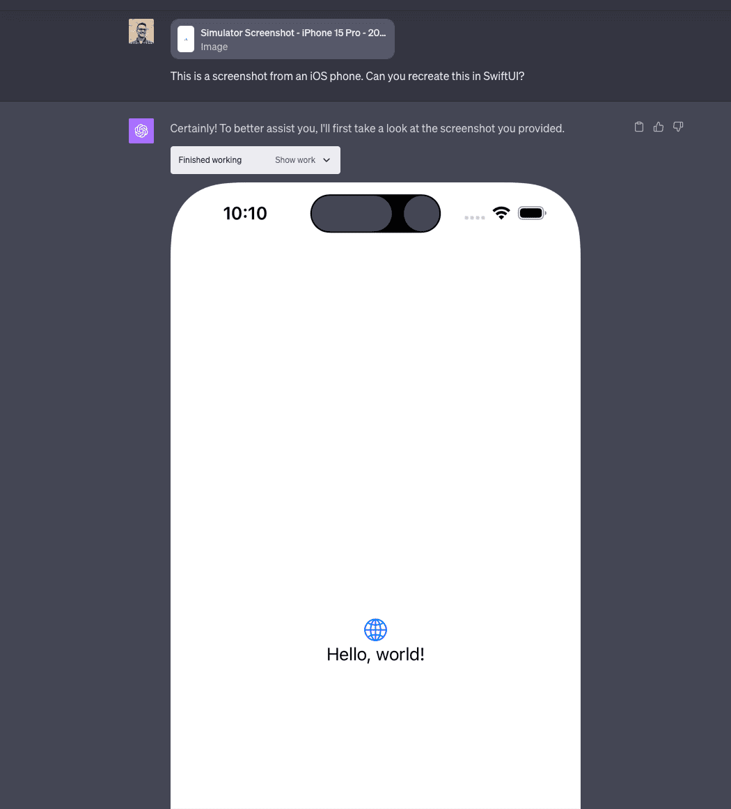 BigMtnStudio's tweet photo. I recently saw some posts about how awesome ChatGPT is at image recognition and writing code to reproduce what it saw.

Let's put it to the test with #SwiftUI! https://t.co/AvA6T1kHEw