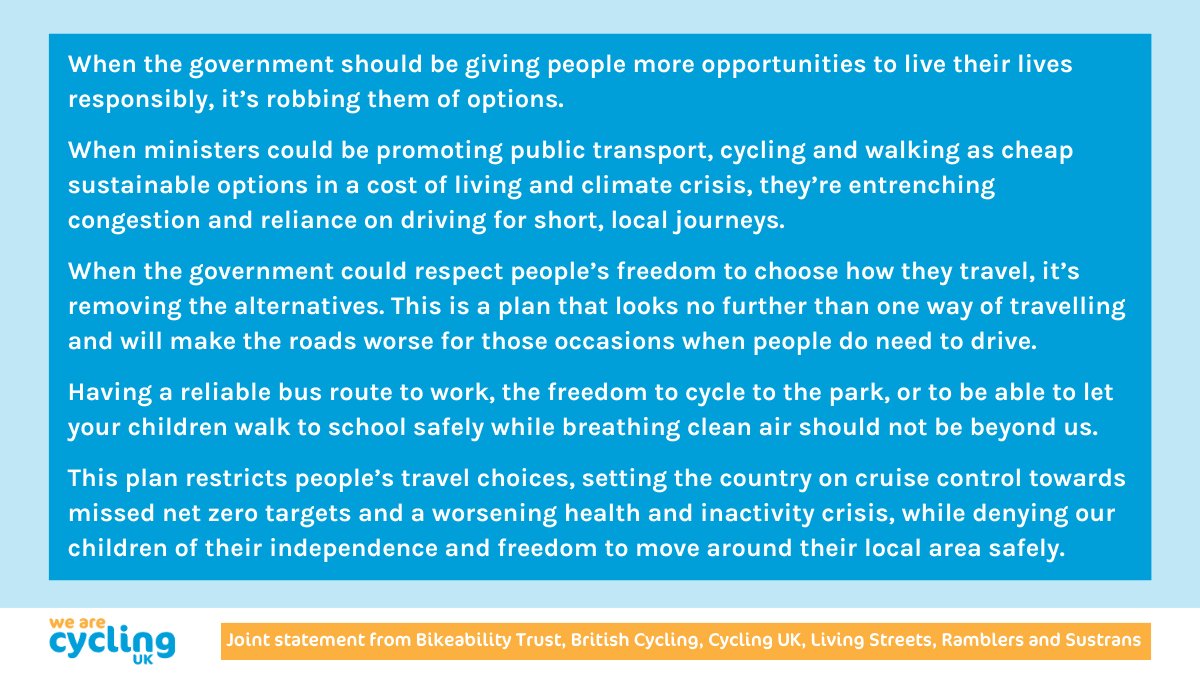 The government is robbing people of the freedom to choose how they travel, entrenching congestion and pollution.

Alongside fellow cycling and walking organisations, we are speaking out against the 'Plan for the Motorist': ow.ly/tuyo50PRaB7