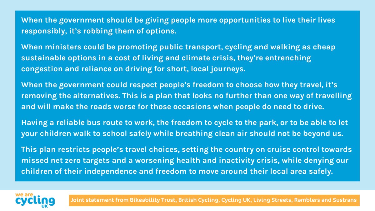 The government is robbing people of the freedom to choose how they travel, entrenching congestion and pollution. Alongside fellow cycling and walking organisations, we are speaking out against the 'Plan for the Motorist': ow.ly/tuyo50PRaB7