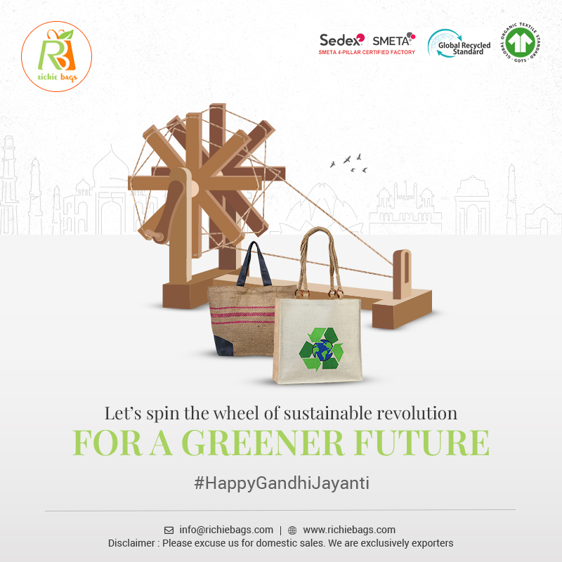 Towards a sustainable, green future!

#HappyGandhiJayanti #2ndOctober #gandhijayantispecial #MahatmaGandhi #sustainable #charkha #spiningwheel #jutethread #jutebags #bagmanufacturer #bagexporters #wholesalesuppliers #greenfashion #sustainablefashion #ecofriendlyfashion #trending