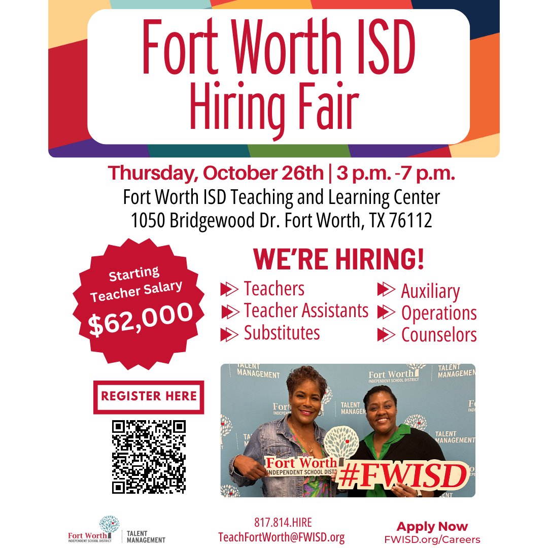 Join us on October 26th for the Fort Worth ISD Hiring Fair! Register now to secure your spot at this awesome event. #OneFortWorth

📅Date: October 26th
⏰ 3 p.m. - 7 p.m. 
📍Fort Worth ISD Teaching &amp; Learning Center
📷 Register Now forms.gle/HD8Wxxu1EbHCo6…