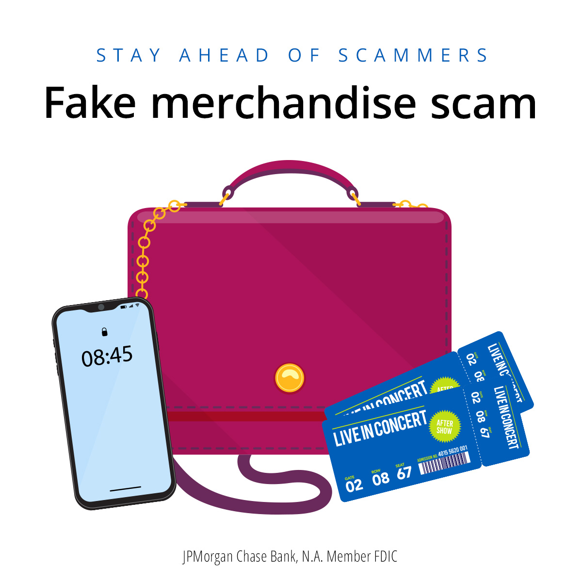 If a deal seems too good to be true, it may be a scam. Sellers may pressure buyers to pay with a bank wire or gift cards. The item may be fake or doesn’t arrive at all. Remember, if you pay with a debit or credit card you can dispute the transaction: chase.com/security-tips