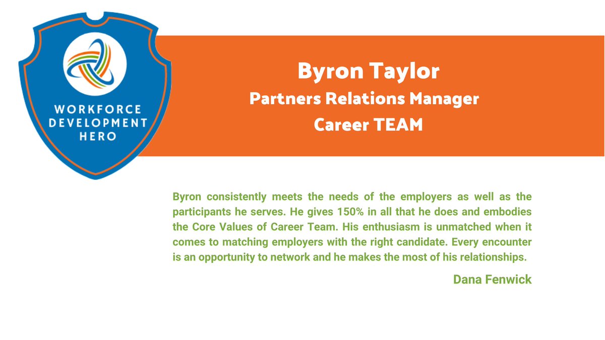 NAWDP's tweet image. Byron Taylor is a true #WorkforceHero! Byron’s enthusiasm for building relationships provides an opportunity to match employers with the right candidates, meeting the needs of the employers and the participants he serves. nawdp.org   

#WorkforceDevelopmentMonth