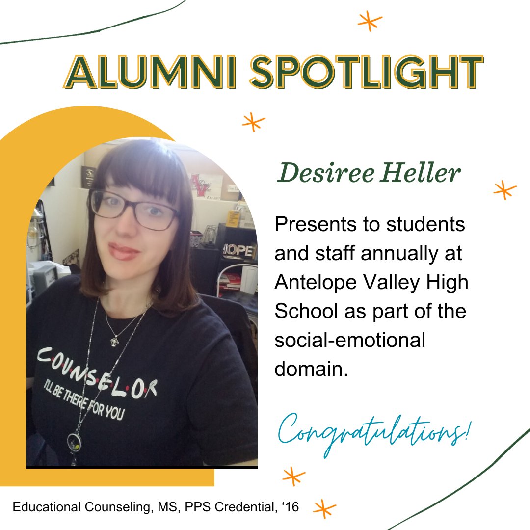 LaFetra_ULV's tweet image. It's #AlumniFeatureFriday! 🐾 🐆

Desiree Heller graduated from LaFetra in Educational Counseling, MS, with PPS Credential, '16.

Desiree is a school counselor at Antelope Valley High School.

@vintagedesilu
#LeoforLife #ulvalumni #lfce #alumnifeatures