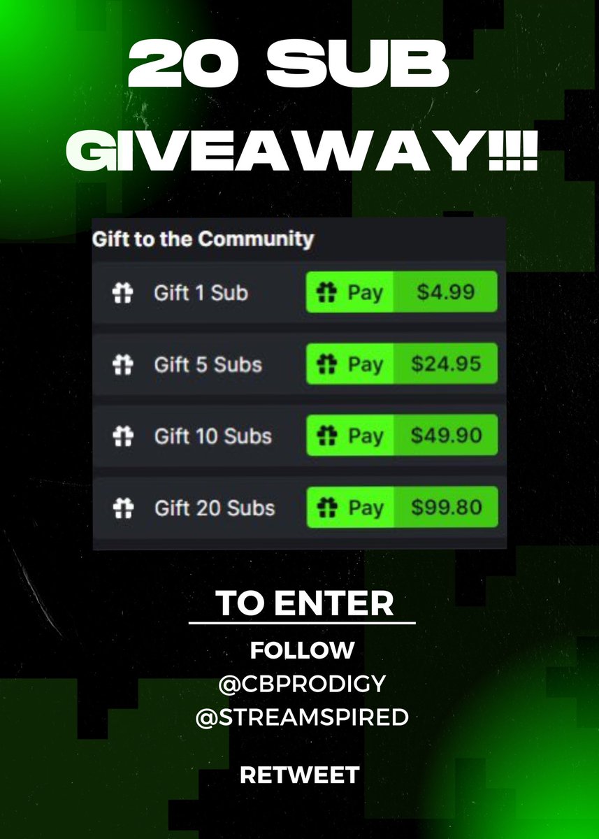 We are giving away 20 subs 💚

To enter you must do the following:

✅Follow: <a href="/CBProdigy/">CB</a> &amp; <a href="/streamspired/">streamspired</a>
♻️Retweet this tweet

Winner chosen next Friday | 10/06