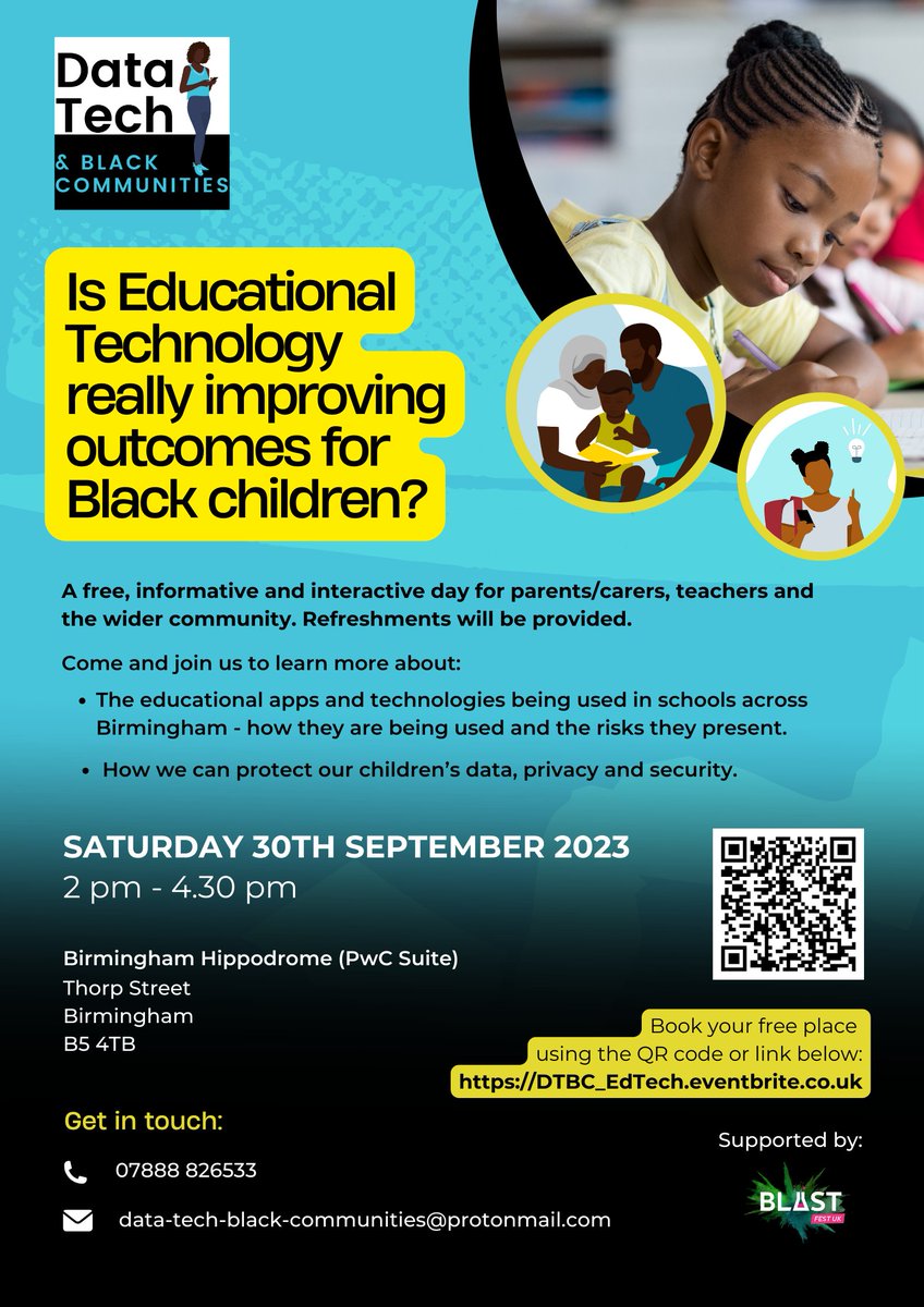 Our friends at DTBC are holding a FREE workshop tomorrow (30/09/23) to discuss why the use of EdTech matters to Black communities in Birmingham, how we can gather the evidence to answer our questions, and how you can get involved. Last chance to book! bit.ly/3t4Cyc3