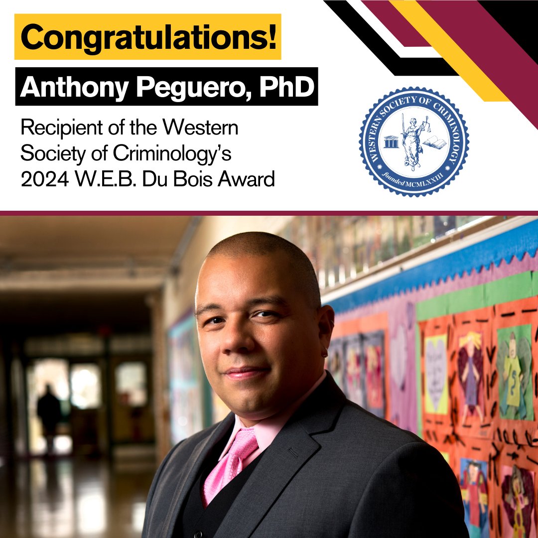 Anthony Peguero, PhD, with @asucrimjustice and <a href="/SanfordSchool/">The Sanford School</a>, is the recipient of <a href="/WSCriminology/">Western Society of Criminology</a>'s 2024 W.E.B. Du Bois Award. Congratulations! This award speaks to his commitment to advancing awareness of racial and ethnic issues in criminology and criminal justice.