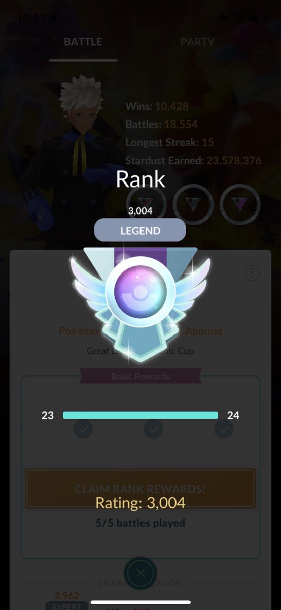 davdangg's tweet photo. First bink to legend? Had a 8-2 run to clutch it. Glad was able to make it early this season! GGs to all my opponents. (Rock throw bink). #PokemonGo #GOBattleLeague https://t.co/Ue5LYnMZNq