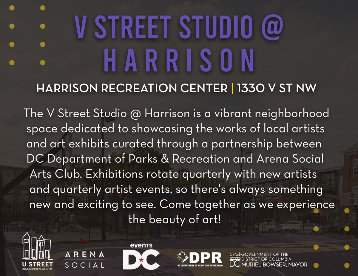 DCDPR's tweet photo. Harrison Rec is now the V Street Studio, YOU HAVE TO SEE IT. Mural @cellspitfire + featured artist Hibaa. DPR has partnered  @arenasocialdc @eventsdc 
Sat 11am to 2pm soft opening “daytime” @DCArtAllNight w/ @DBHRecoversDC @939wkys, dance w/ @freestyledf https://t.co/gb57Zf72OD https://t.co/n26auJj71x