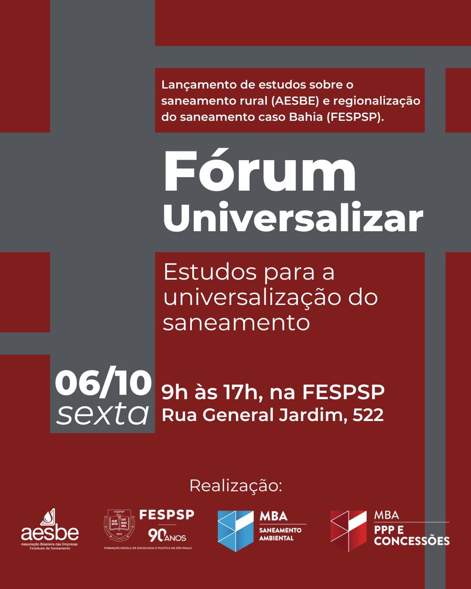 📢 Inscrições abertas para o “Fórum Universalizar – As Pesquisas como Instrumentos para a Viabilização da Universalização do Saneamento".
link de inscrição: app.ciaticket.com.br/evento/forum-u…

#ForumUniversalizar