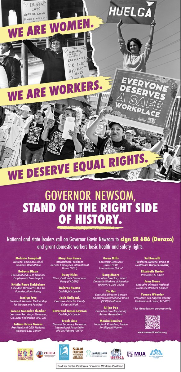 CADomesticWrker's tweet photo. We stand together to say that CA must take action on #SB686 and lead the nation. @CAgovernor stand on the right side of history! 

@SEIU @AFLCIO @unitehere @NUHW @UDWA @domesticworkers @ncbcp_bwr @NPWF @nwlc @NelpNews @FmlyValuesWork @IAFFofficial @MomsRising @DoloresHuerta https://t.co/FTAYNDorD5