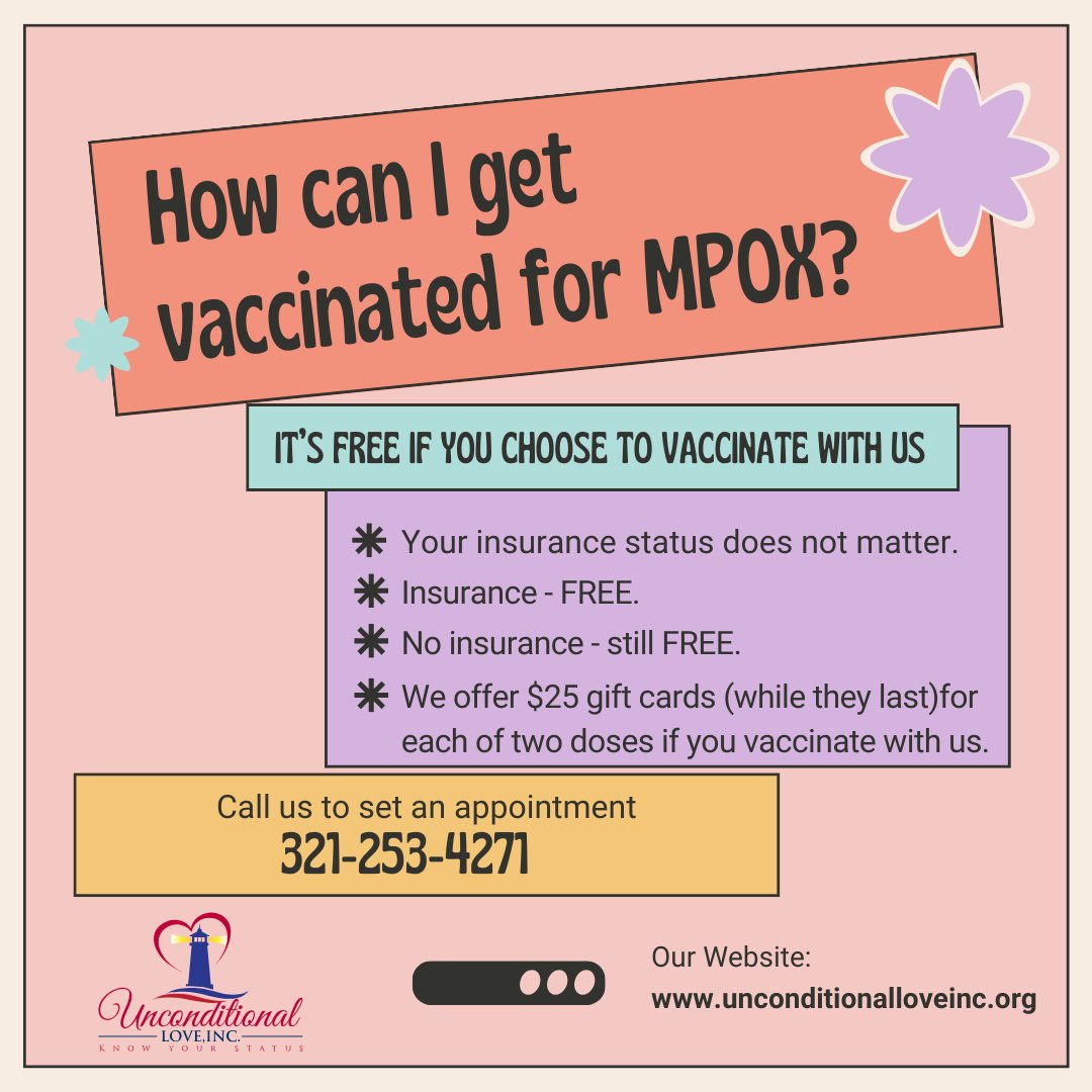 Boost your immunity and your wallet! 💉💰 Get your MPOX vaccine at Unconditional Love Inc and receive a $25 gift card as a token of our appreciation. Protect yourself and enjoy the perks! 💪💳

#StaySafe #UnconditionalLoveIncFL #health #brevardnonprofit #floridanonprofit