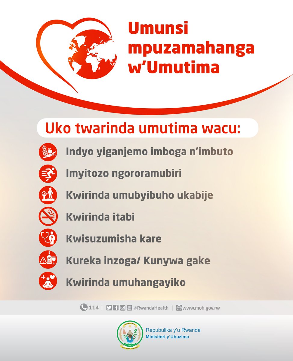 RwandaHealth's tweet photo. Kuri uyu munsi mpuzamahanga w'umutima, dore uko wasigasira ubuzima bwiza bw'umutima wawe.
#FridayHealth https://t.co/rOrLoaaIL8