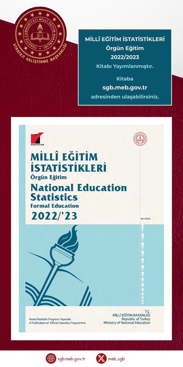 Başkanlığımızca hazırlanan Millî Eğitim İstatistikleri Örgün Eğitim 2022/2023 kitabına sgb.meb.gov.tr adresinden ulaşabilirsiniz. @Yusuf__Tekin @ercanturk28 @tcmeb