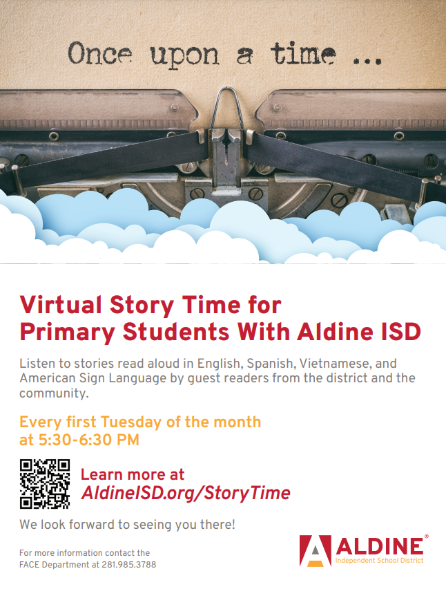AldineISD's tweet photo. Tuesday, Oct 3rd,@Aldine_FACEwill host a storytelling event! This is a FREE VIRTUAL event where ALL families are welcomed to join! There are stories in English, Spanish, Sign-Language, and Vietnamese.  ZOOM LINK: (Not active until October 3rd 5:30 pm) https://t.co/y1qM7qnRU3 https://t.co/fT8ggdj33g