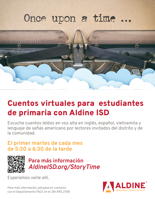Tuesday, Oct 3rd,@Aldine_FACEwill host a storytelling event! This is a FREE VIRTUAL event where ALL families are welcomed to join! There are stories in English, Spanish, Sign-Language, and Vietnamese.  ZOOM LINK: (Not active until October 3rd 5:30 pm) zoom.us/j/94936639559#…