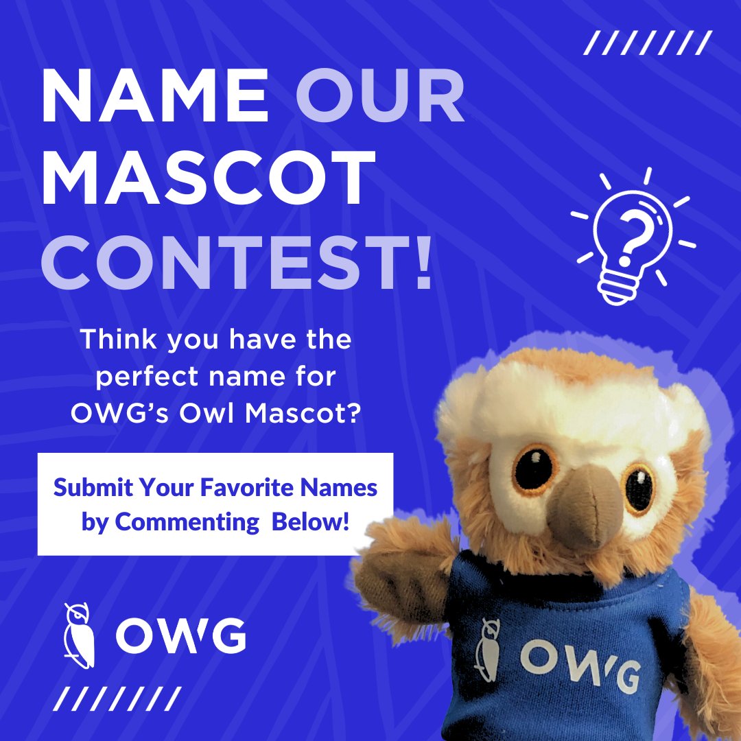 WeAreOWG's tweet photo. Our OWG owl mascot is in need of a name, and we would love to have your creative input. ✨

Share your suggestions by commenting on this post, and let us know what you think! 

Let your imagination take flight and show us your creativity! 🦉 https://t.co/SuXDPxibMN