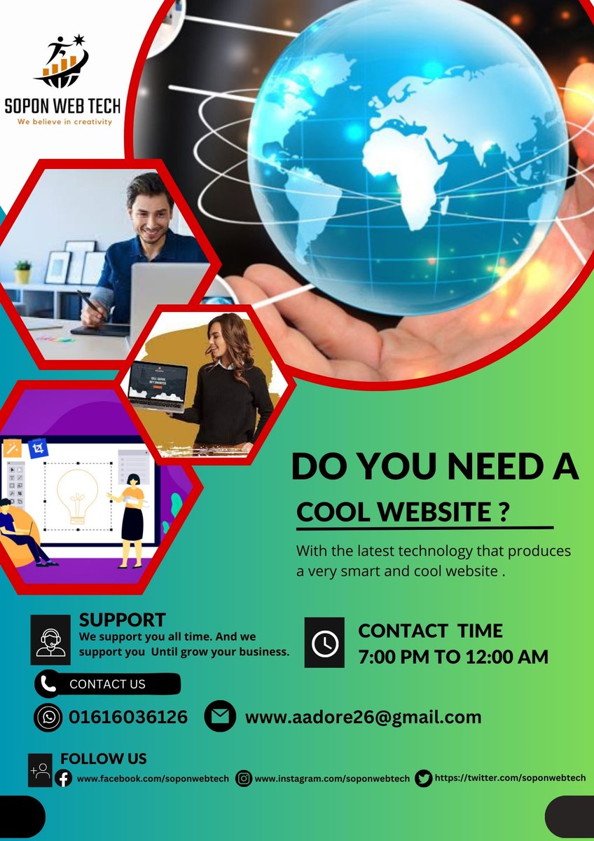 soponwebtech's tweet image. DO YOU NEED A COOL AND SMART WEBSITE?

With the latest technology that produces a very smart and cool website. 

CONTACT US:
Whatsapp: 01616-036126

Email: aadore26@gmail.com

FOLLOW US: 
Facebook : facebook.com/SOPON WEB TECH

Instragram : instagram.com/soponwebtech/?…