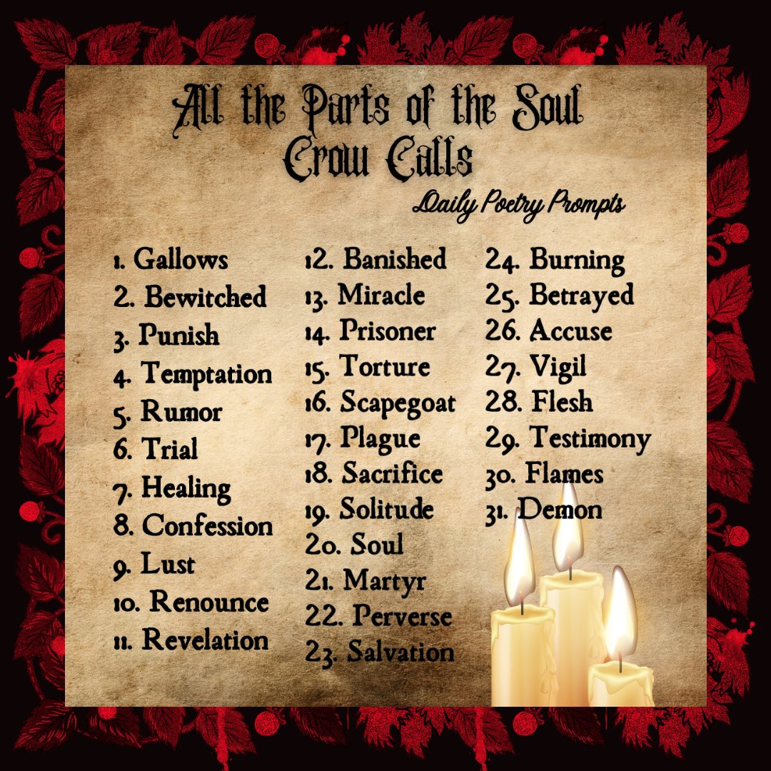 October’s #CrowCalls are here! In honor of her upcoming release, author Catherine Fearns has given us some brand new prompts for your poetry writing pleasure. Be sure to tag us so we can read your poems &amp; check out All the Parts of the Soul, coming October 20th 🪶🩸
