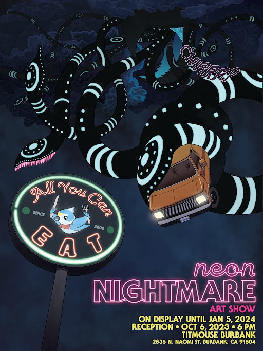 TitmouseInc's tweet photo. Next FRIDAY, OCTOBER 6 from 6p-9p we're hosting an open house Neon Nightmare art exhibit at our Burbank studio! The show will feature various works from over 50 artists &amp; a spectacular blacklight art hallway &amp; snacks, beer &amp; wine!

Titmouse Burbank
2835 N Naomi Street
Burbank, CA https://t.co/dDUwIxzdKZ