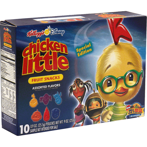 Chicken Little Fruit Snacks (2005-2005): A promotional item for the animated Disney film, these fruit snacks featured pieces shaped like various characters, in assorted flavors.