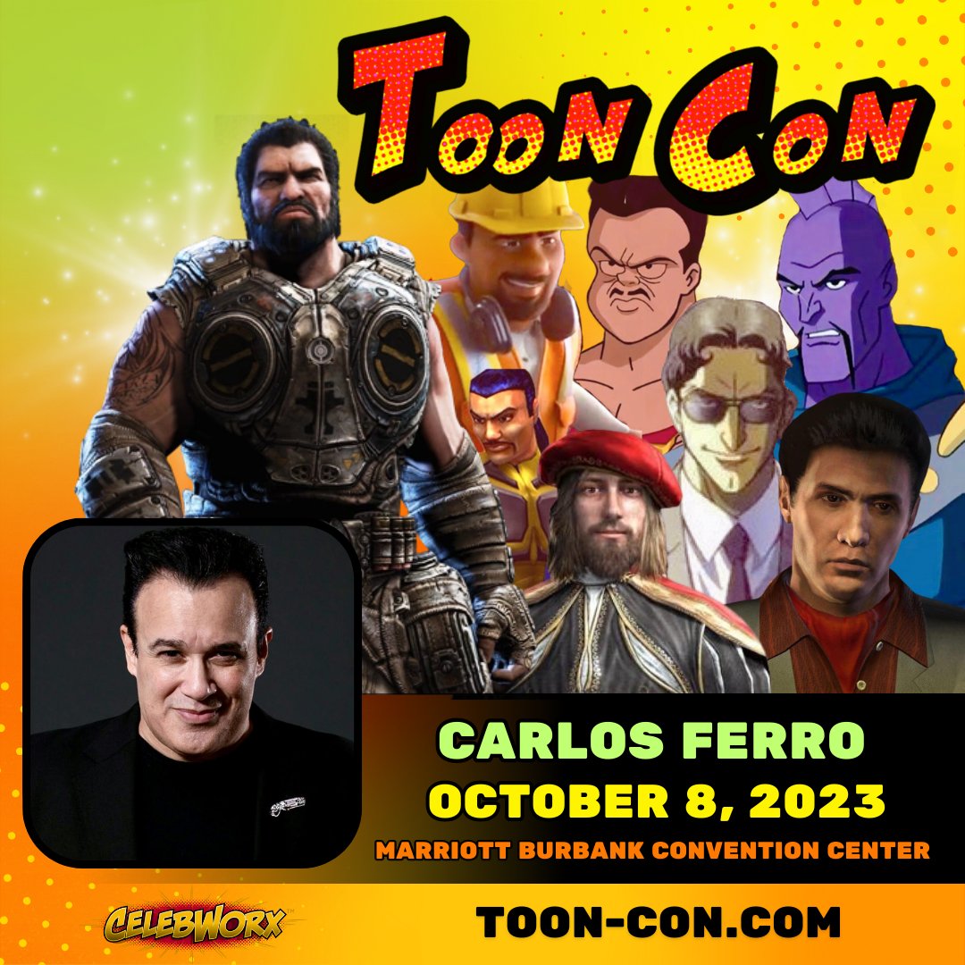 RealCarlosFerro's tweet photo. Get tickets Toon Con 2023 NOW!  https://t.co/0Pik63dR2n 

We will see you October 8th, at the Marriott Burbank Convention Center!

Tickets start at $20 online!
VIP and Early Admission tickets are also available! 

#tooncon #cartoons #celebworx #gearsofwar #assassinscreed #baymax https://t.co/q7ls7SzksD