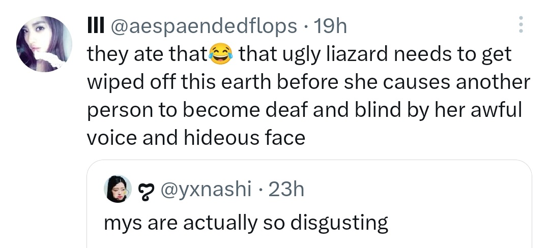 🚨 Everyone please REPORT &amp; BLOCK this account for spreading hate towards L!A

@.aespaendedflops
🔗x.com/aespaendedflop…
DO NOT ENGAGE. 🚫