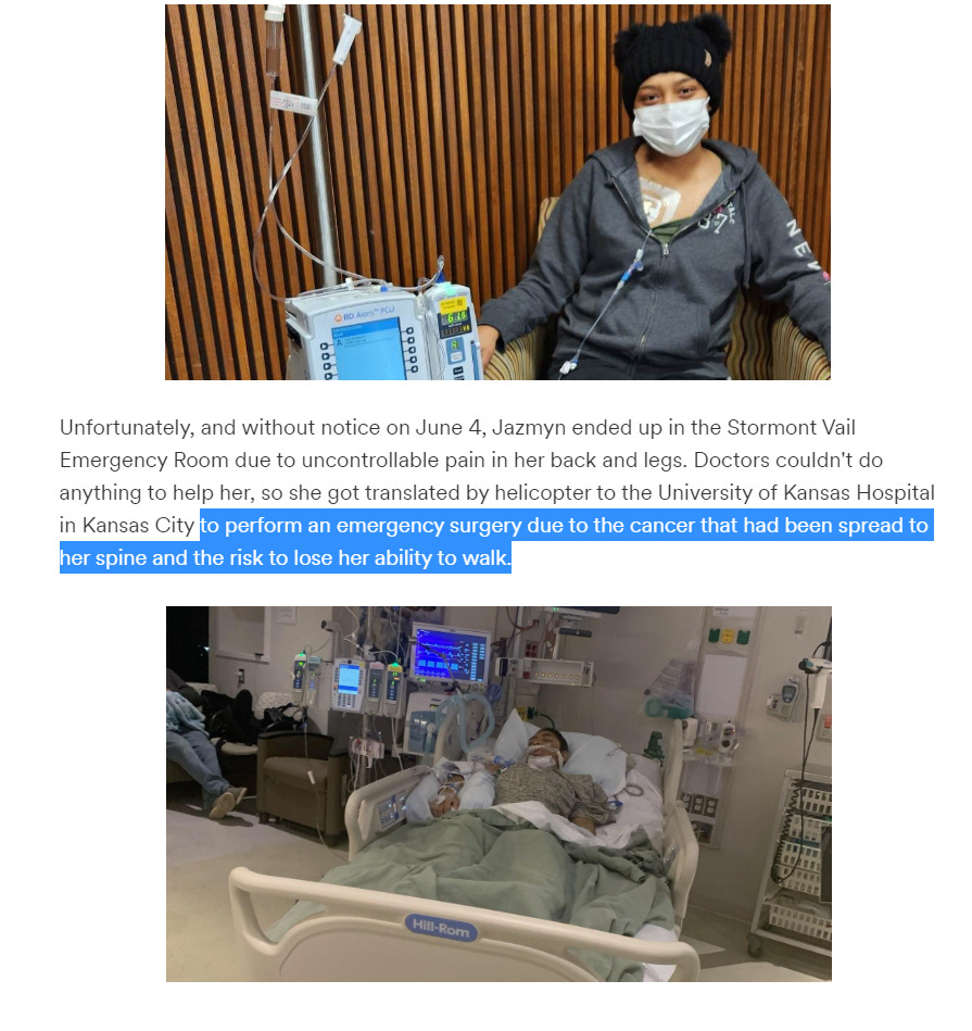 TURBO CANCER - June 6, 2023 - Topeka, KS - 19 year old Jazmyn Bravo 

was diagnosed with aggressive osteosarcoma which has spread to her lungs and spine and now she risks losing the ability to walk.

COVID-19 mRNA Vaccine Turbo Cancer Sarcoma

#DiedSuddenly #cdnpoli #ableg