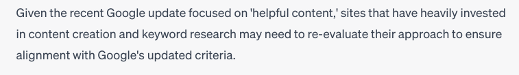 Doing some interesting ChatGPT advanced data analysis of sites submitted to me after being impacted by the helpful content update.

My thought: Our standard process of how SEOs do keyword research has likely caused us to create copious amounts of content that is essentially