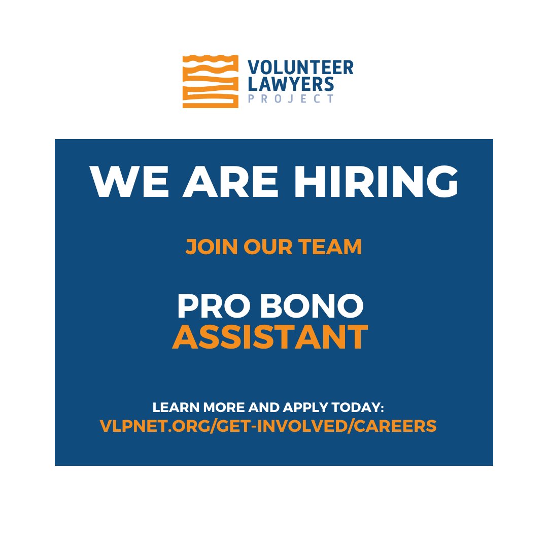 VLP is hiring a Pro Bono Assistant. Learn more by visiting our website and apply today! vlpnet.org/get-involved/c… #vlpboston #boston #massachusetts #hiring #jobs #legal #nonprofit