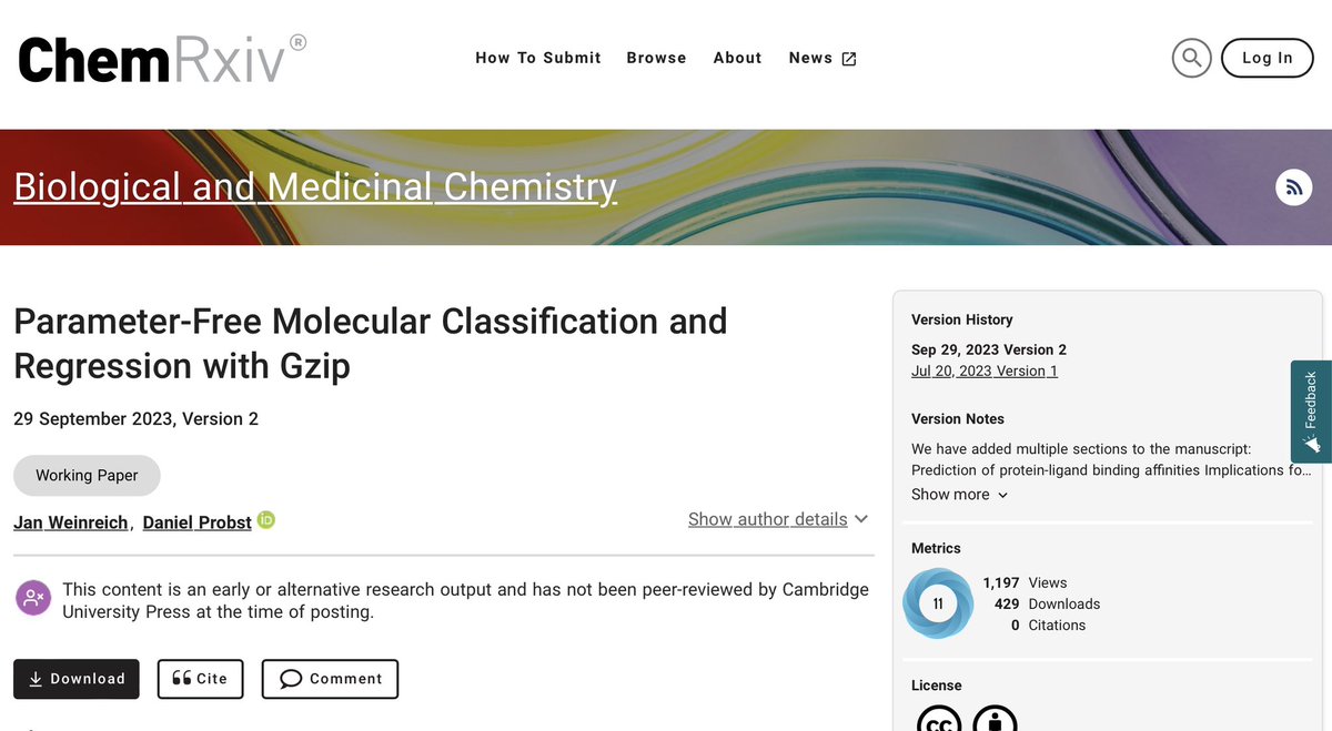 predict_addict's tweet image. Gzip is all one needs, @skepteis and @WeinreichJan took gzip and showed it can match transformers on certain tasks of predicting molecular properties using 5 min CPU training time.

#gzip #kolmogorovcomplexity 

chemrxiv.org/engage/chemrxi…