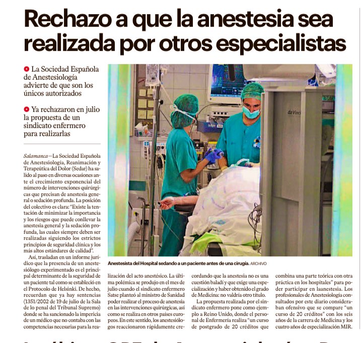 Rechazo a que la anestesia sea realizada por otros especialistas… vía <a href="/LaGacetaSA/">La Gaceta de Salamanca</a> 
Si a mi me tuviesen que anestesiar que sea un experto, o sea un anestesiólogo <a href="/sedar_es/">SEDAR</a>