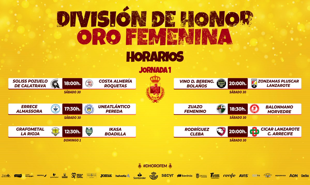 😍 ¡Este fin de semana... ¡VUELVE LA #DHOroFem!

💛 ¡Estos son los HORARIOS⌚️ de la Jornada 1!

📲 Sigue todos los partidos, con estadísticas y streaming en directo, en este enlace 👉rfebm.com/competiciones/…

#SheLovesHandball