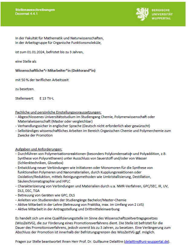 BUW_Chem_Bio's tweet photo. 📢Job-Alarm📢
Lust auf #Synthese und #Polymere ? Die AG @DelaittreLab sucht weitere Unterstützung 🧪👩‍🔬🧑‍🎓⚛️
Bewerbungen sind bis zum 16.10.2023 möglich!
Link zur Ausschreibung &amp; Bewerbung: https://t.co/v8cgBXSVHQ

@FK4_BUW @Uni_Wuppertal @blickfeldwtal https://t.co/j3dFDXd2tB