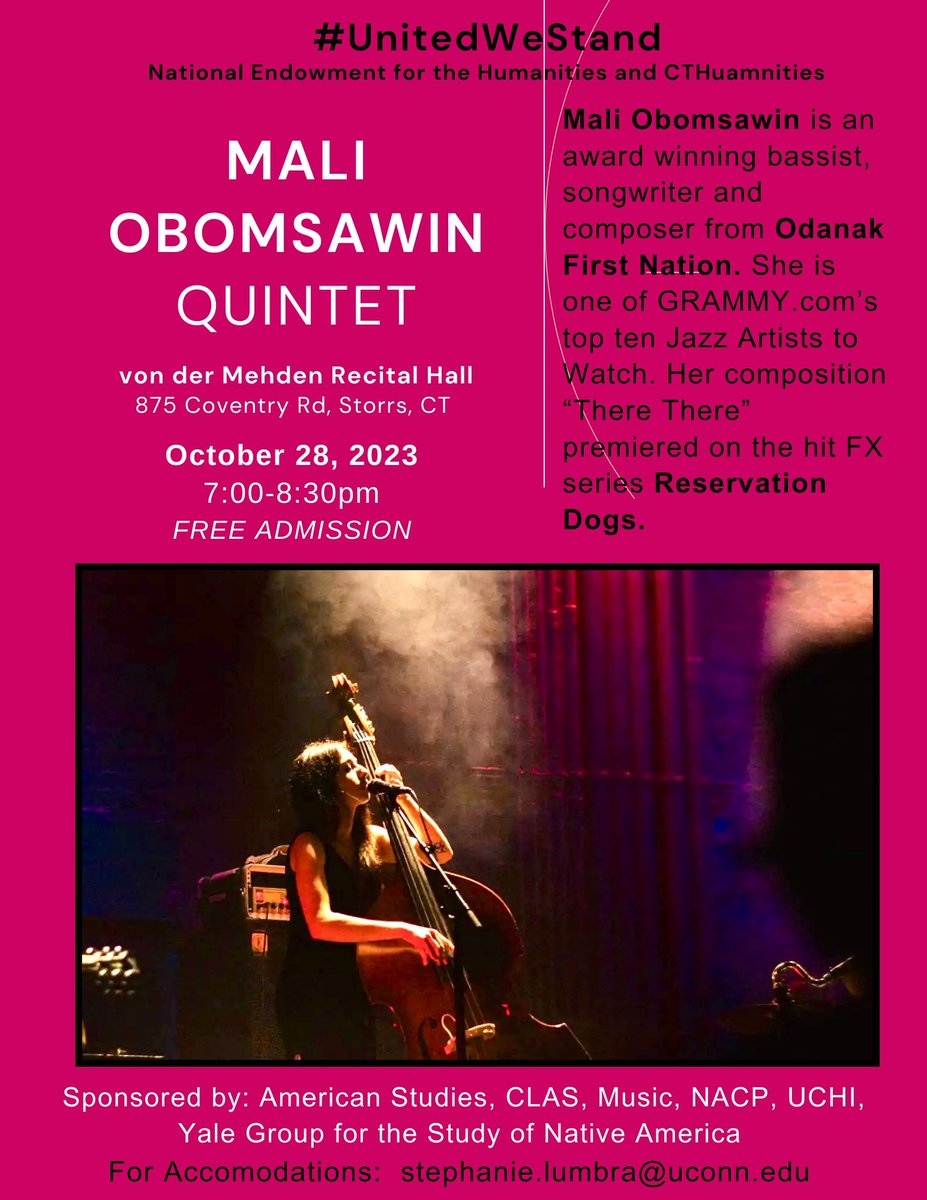 Mail Obomsawin an award winning bassist, song writer and composer who will be joining us October 28th from 7-8pm. This is a free admission event in the von der Mehden recital hall! Don’t miss out on this event, so mark your calendars!