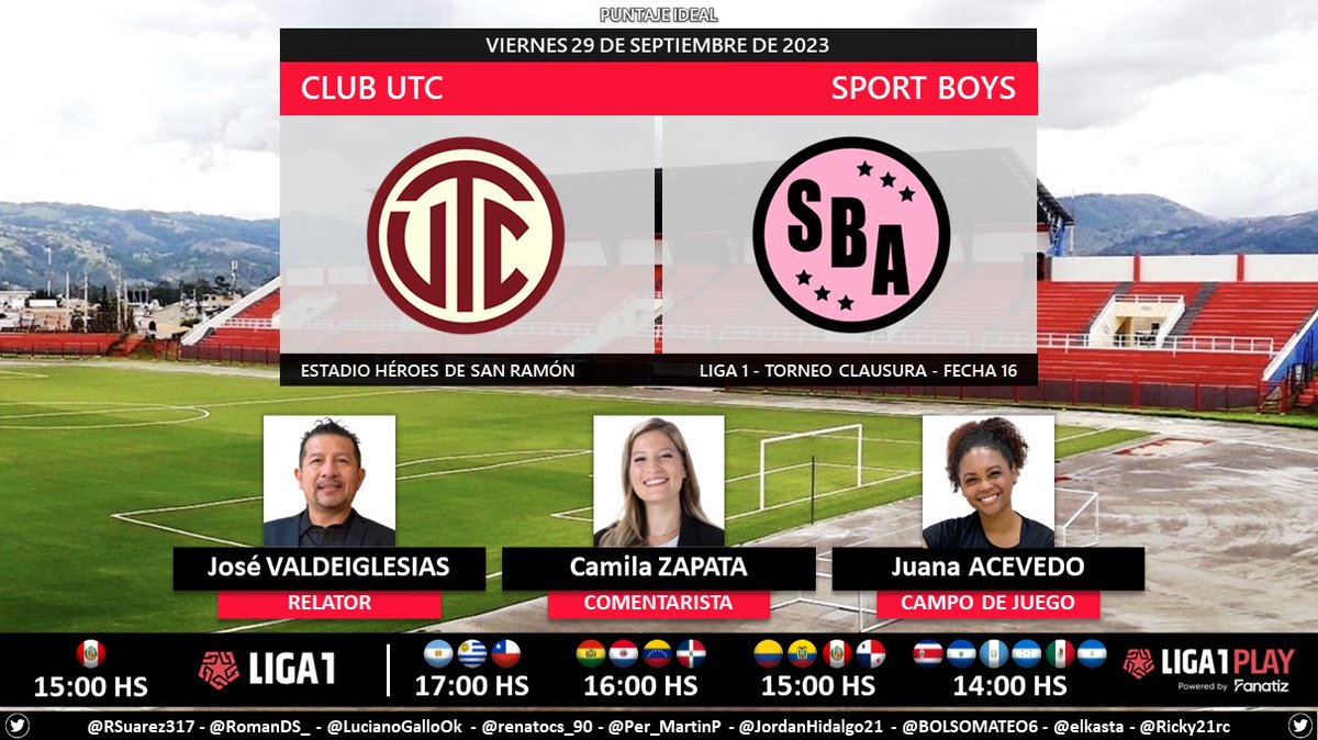 Puntaje_Ideal's tweet photo. ⚽ #Liga1 🇵🇪 | #ClubUTC vs. #SportBoys
🎙 Relator: @josevalgut
🎙 Comentarista: @zapccamila
🎙 Campo de juego: @juana_acevedo8
📺 #Liga1TV 🇵🇪
💻📱 #Liga1Play by #Fanatiz 🌎
🤳 #UnaLigaParaTodos
Dale RT 🔃 https://t.co/MOoUKXZdbr