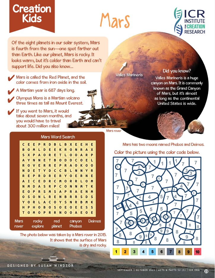 ICRscience's tweet photo. 🌌 Of the eight planets in our solar system, Mars is fourth from the sun—one spot farther out than Earth. Like our planet, Mars is rocky. Why is it red, and how long would it take to travel there? Find out this and more! https://t.co/7AagqtclGn

#CreationKids #ScienceForKids https://t.co/V0BkTWAnZG