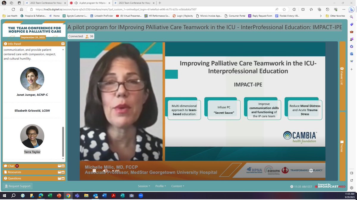 Dr Michelle Milic, Dr Lucia Wocial, Janet Jumper, ACNP-C, Elizabeth Griswold, LCSWA, Tarra Taylor presenting: A pilot program for IMproving PAlliative Care Teamwork in the ICU - InterProfessional Education​ at
 HPNA-SWHPN, and TC #TC4HPC. <a href="/HPNAinfo/">Hospice and Palliative Nurses Association (HPNA)</a> <a href="/SWHPN/">Social Work Hospice and Palliative Care Network</a> @TransformChap1