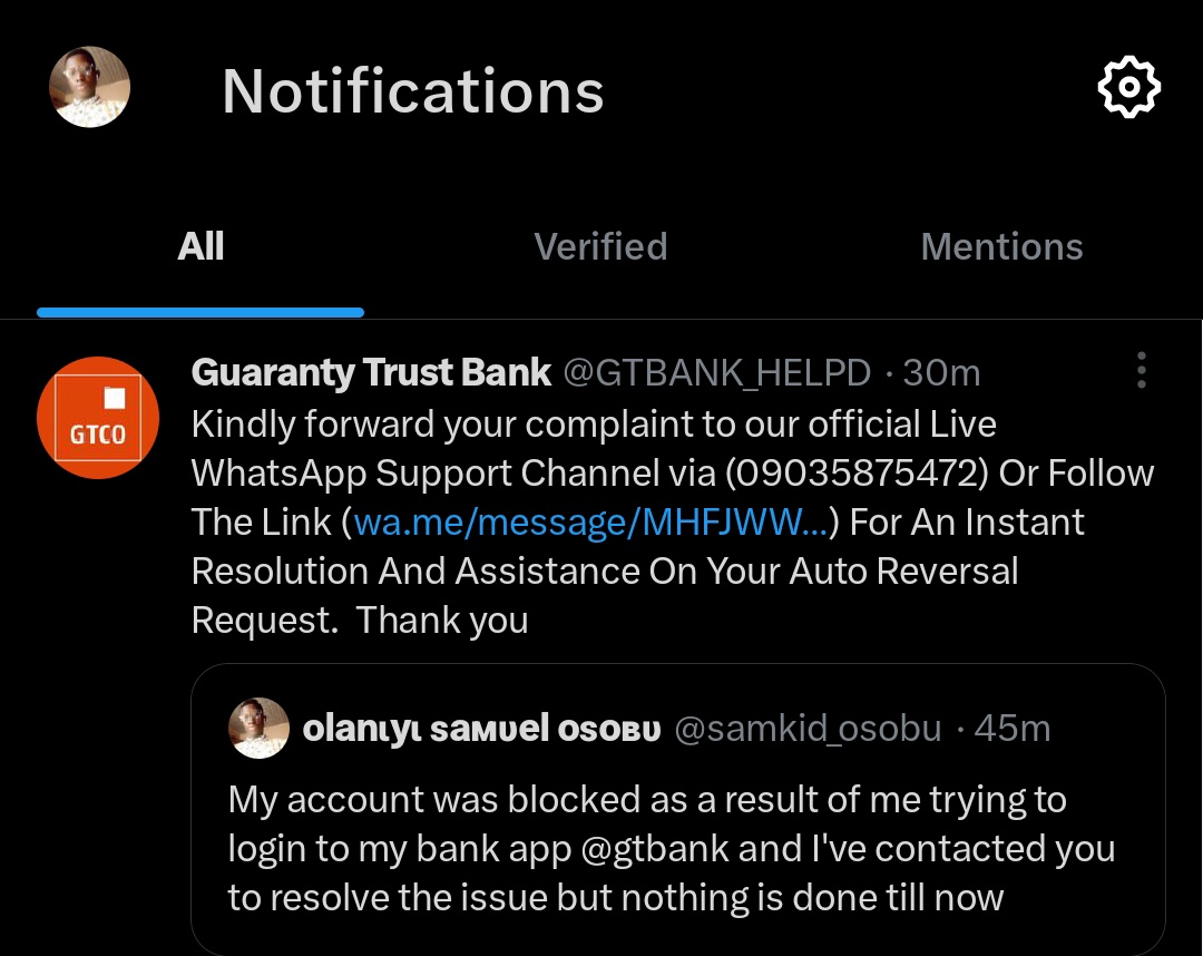 samkid_osobu's tweet photo. I made a post about how my account was blocked and hoping to get it resolved and tag @gtbank ...
I was asked to contact a line for resolution to the issue which I did but I ended got scammed as the said agent withdrew #10,000 from my account instantly.. https://t.co/u0yQBf8WzQ