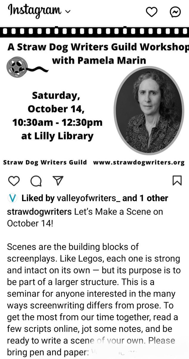 <a href="/StrawDogWriters/">Straw Dog Writers Guild</a> to host scene writing at Lilly library 10/14....a Saturday daytime event 💙 (I'm so there)  #writingcommunity