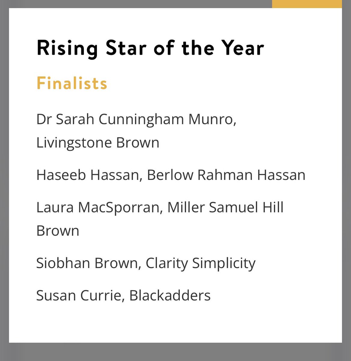 Couldn’t be prouder of the brilliant @Sarah_Anne_88, a finalist in the Rising Star of the Year category at tonight’s Scottish Legal Awards. Best of luck to everyone nominated!