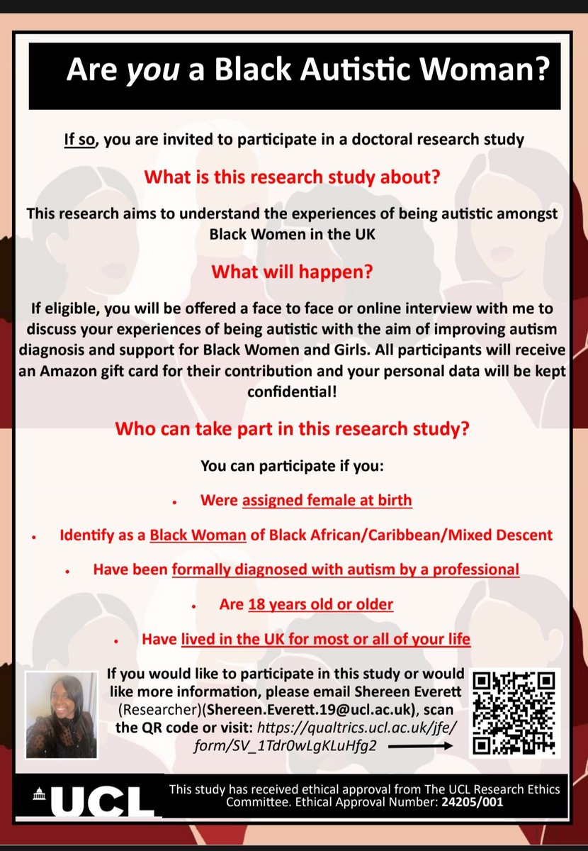 Are you a #BlackAutistic Woman? Research Study seeking participants 18 plus and over E: shereen.everett.19@ac.uk @ucl #ethnicity #culture