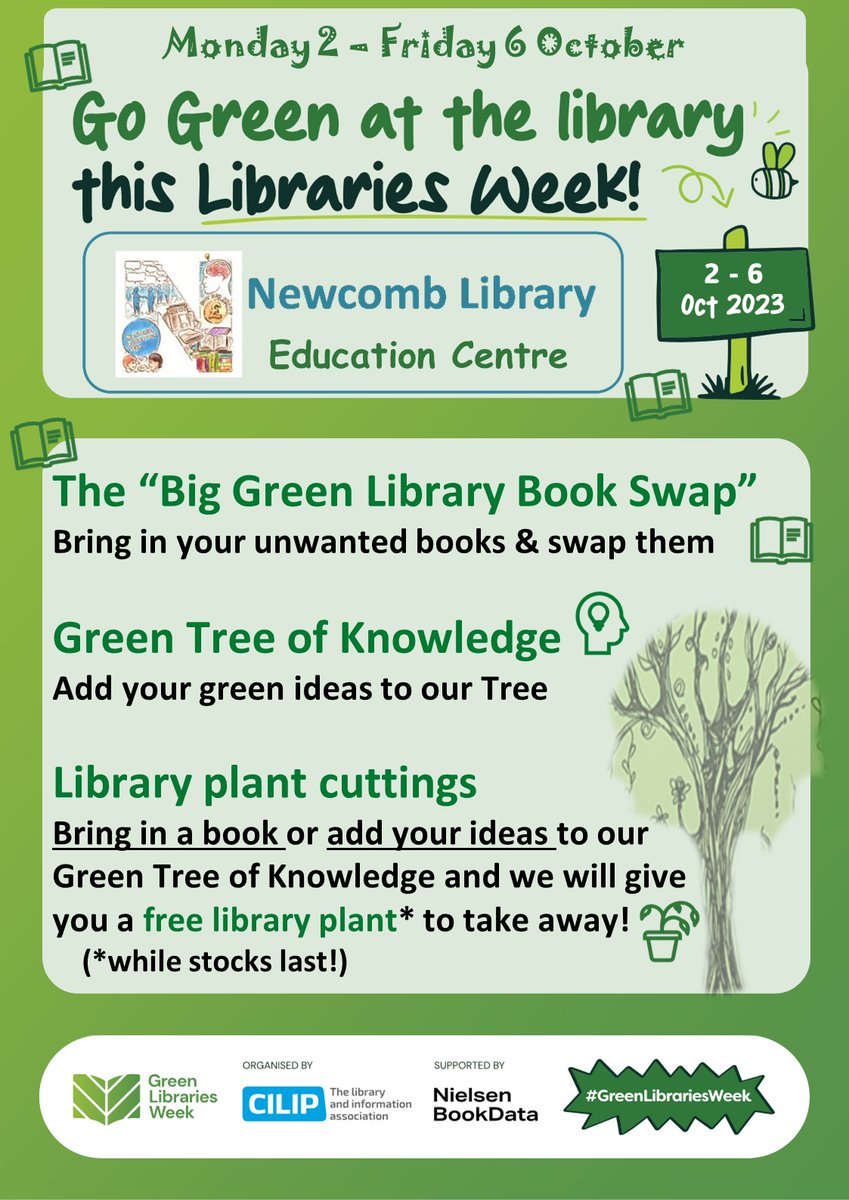 Newcomb Library 📚💻📱🤔ℹ️ (@newcomblibrary) on Twitter photo Next week join in our #GreenLibrariesWeek celebrations
Staff & Students <a href="/NHSHomerton/">HHFT</a> <a href="/NHS_ELFT/">East London NHS Foundation Trust (ELFT)</a>
📗Declutter your home, bring in an unwanted book, swap it for another, or a plant in our "Big Green Library Book Swap" 🪴
🌳Add your best ideas & tips to our "Green Tree of Knowledge" Next week join in our #GreenLibrariesWeek celebrations
Staff & Students <a href="/NHSHomerton/">HHFT</a> <a href="/NHS_ELFT/">East London NHS Foundation Trust (ELFT)</a>
📗Declutter your home, bring in an unwanted book, swap it for another, or a plant in our "Big Green Library Book Swap" 🪴
🌳Add your best ideas & tips to our "Green Tree of Knowledge"
